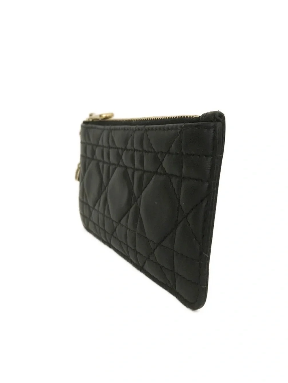 Dior Black Cannage Zip Pouch Card Wallet with Gold Hardware